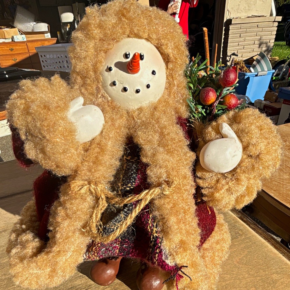 Fabric Plush Snowman Figurine, Burgundy Coat, 9 in Freestanding Christmas Decor